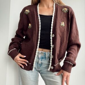 Buffalo David Bitton Brown Cardigan with Floral Embroidery